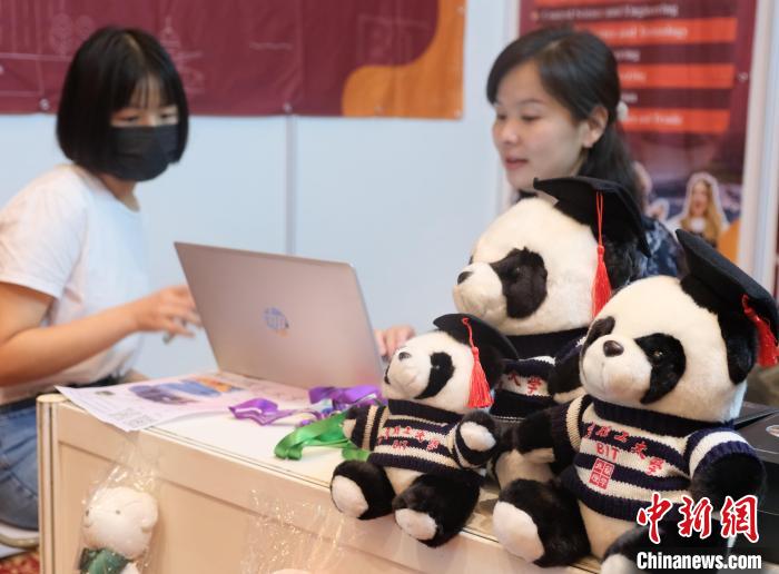 北京理工大學帶來可愛熊貓玩偶，頗為吸睛 陳悅 攝