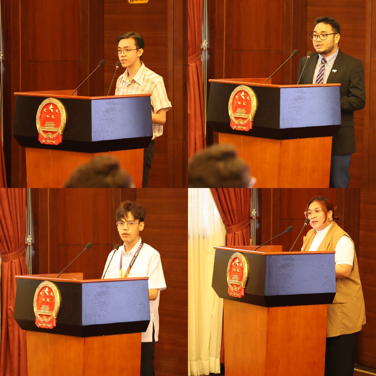 菲律賓大學(xué)、菲律賓師范大學(xué)的4位學(xué)生和校友代表現(xiàn)場(chǎng)發(fā)言向中方表示感謝并分享體會(huì)。駐菲律賓使館 供圖