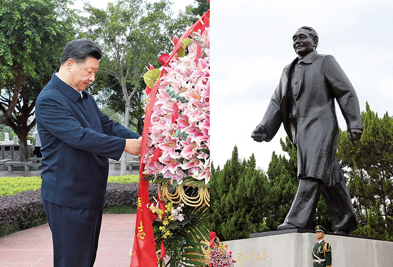 2020年10月14日，習(xí)近平總書記向深圳蓮花山公園鄧小平同志銅像敬獻(xiàn)花籃。