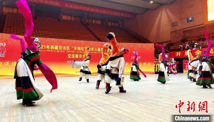圖為西藏老年舞蹈隊(duì)齊跳傳統(tǒng)鍋莊舞?！∝暽＠?攝